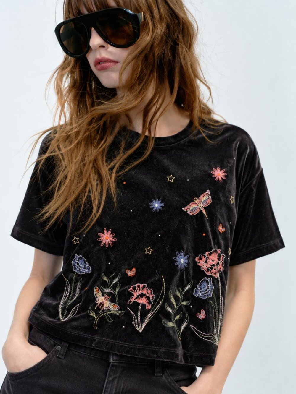 Velvet Embroidered Stretch Black Floral Top Boho Y2K Dark Romance